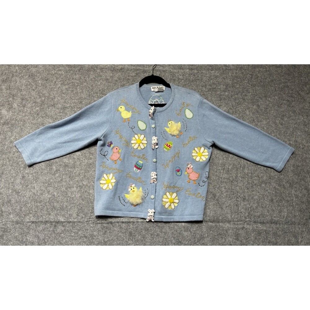 Jack B Quick Womens M Blue Easter Cardigan Chicks Eggs Bunny Embellished